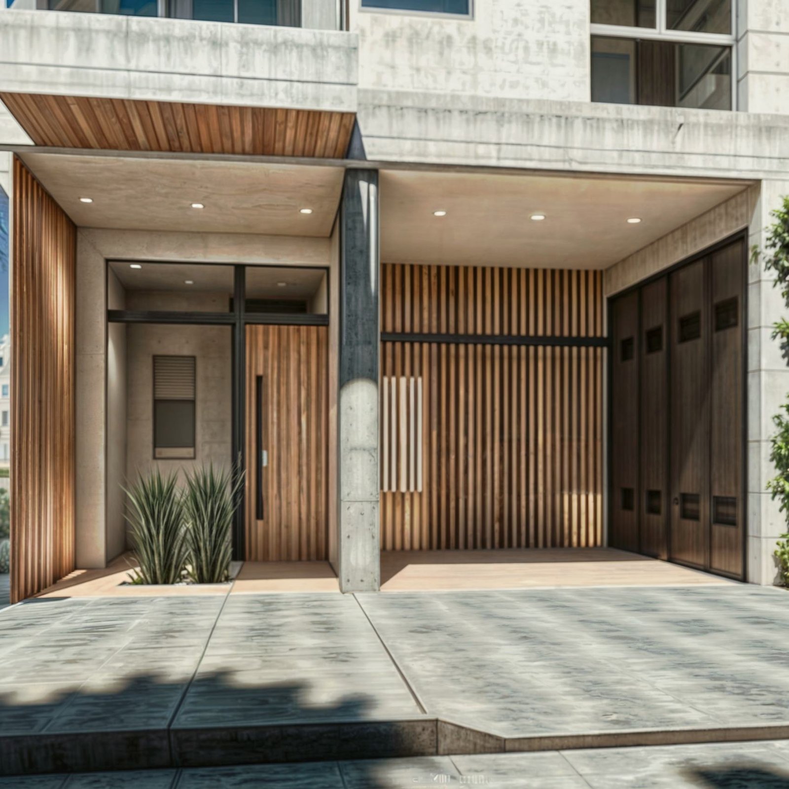 Render del acceso al edificio con revestimiento de madera y portón de cocheras