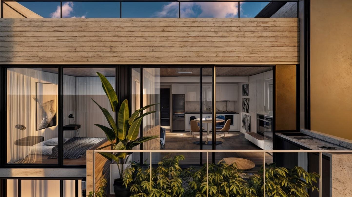 Render de una unidad con balcón, dormitorio y cocina integrada vistos desde el exterior
