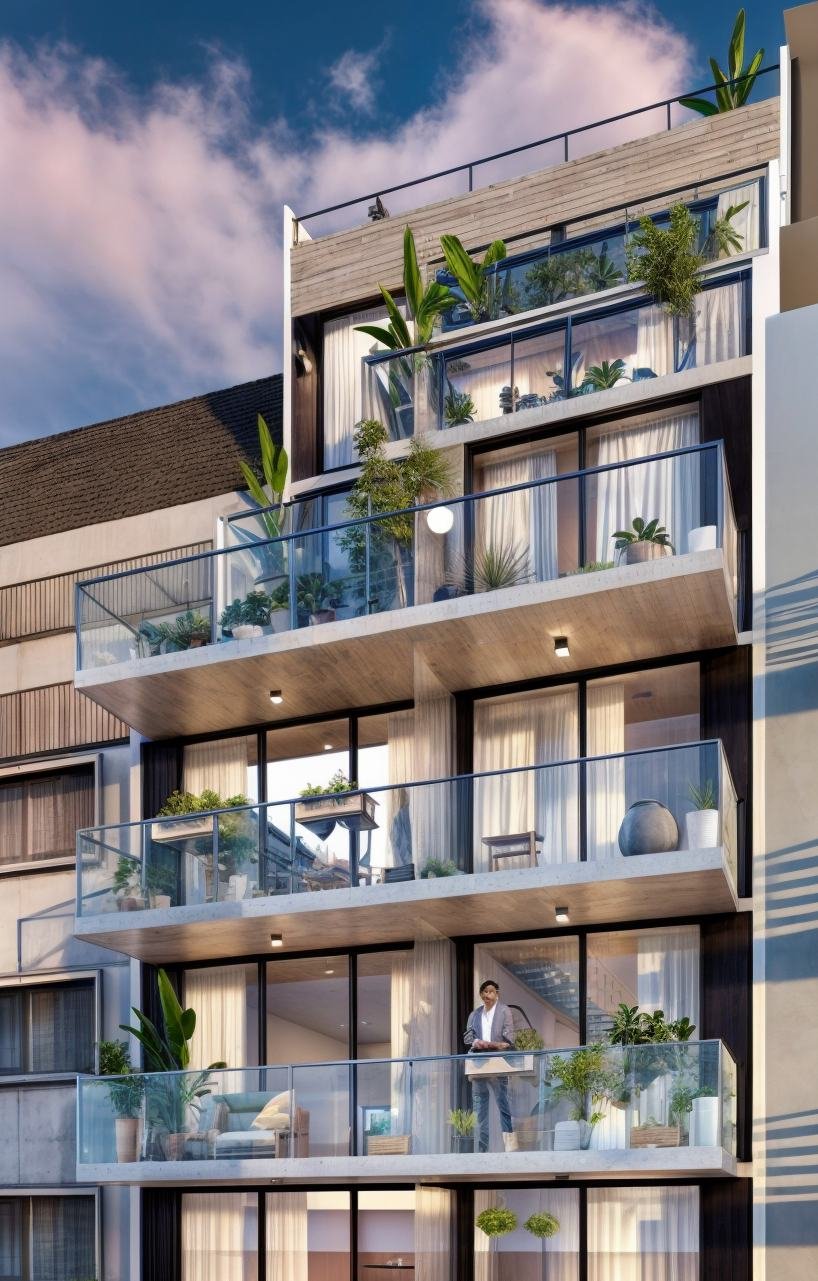 Render de la fachada del edificio con balcones vidriados y vegetación