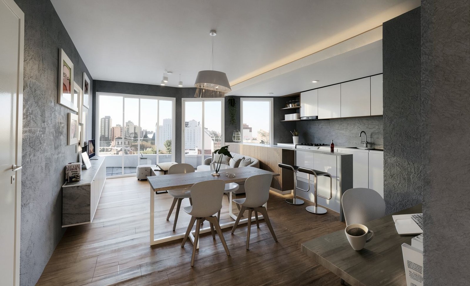 Render de ambiente integrado con cocina blanca, barra y comedor