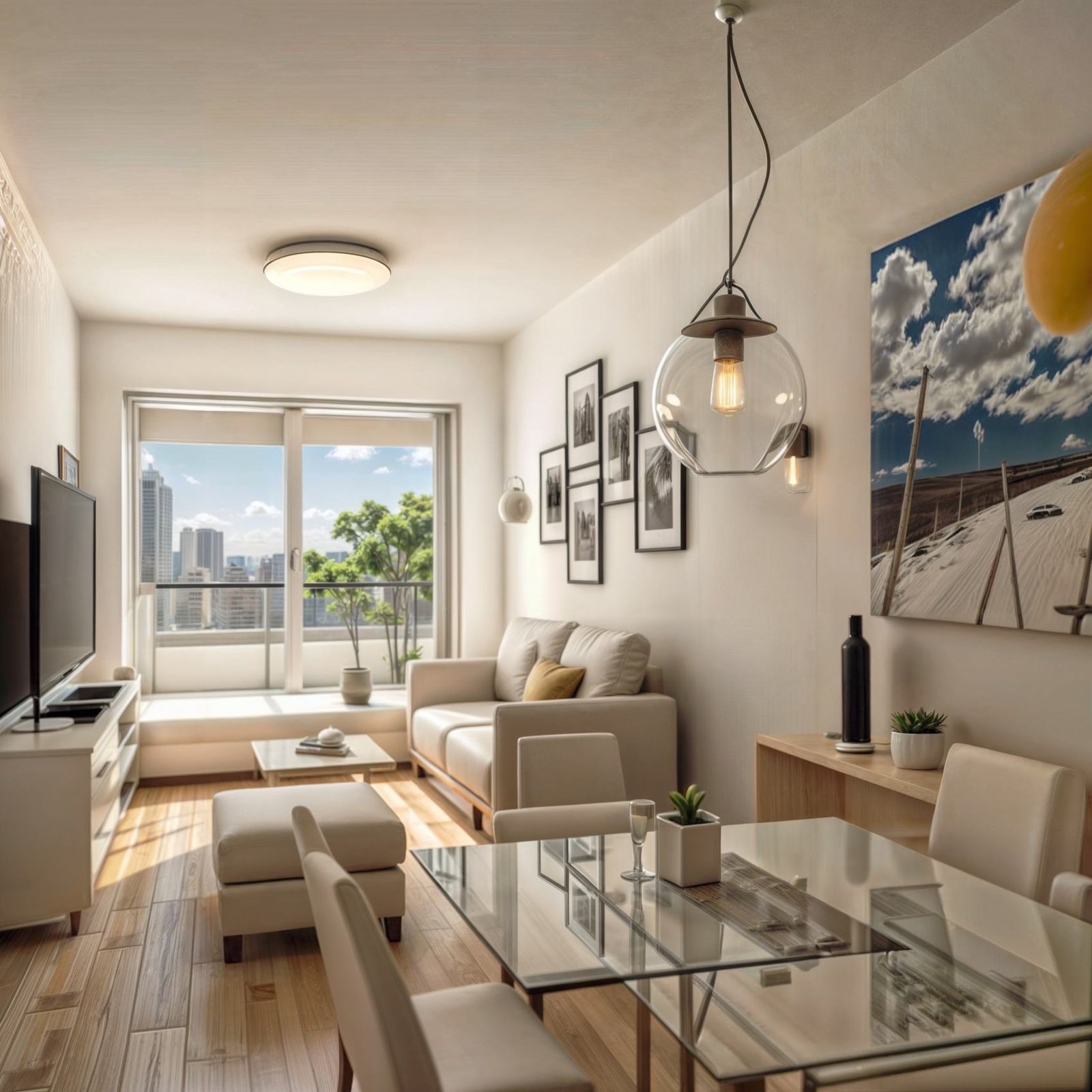 Render de living con sofá, mesa de vidrio y ventanal con vista a la ciudad