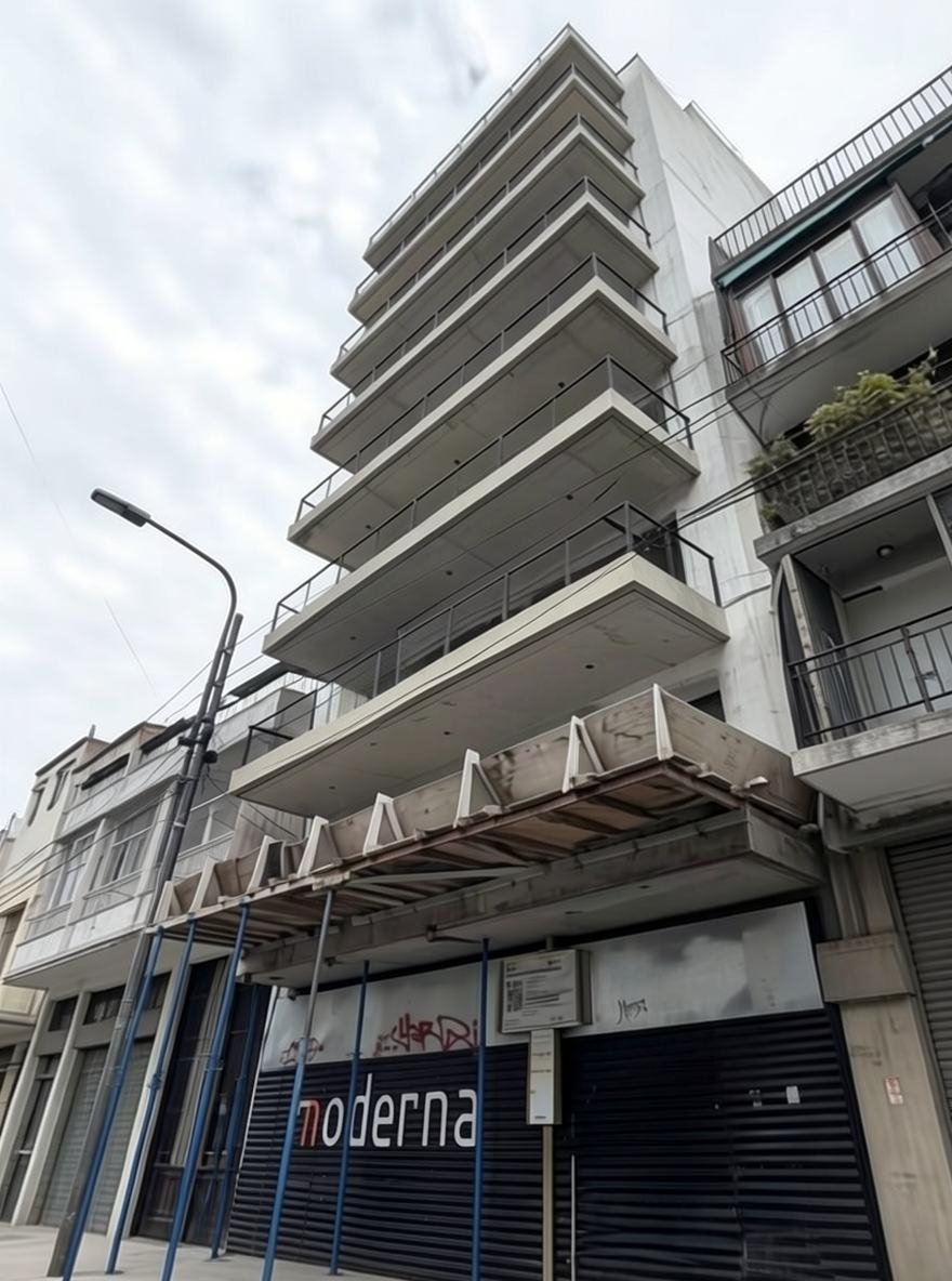 Foto actual del edificio en construcción con estructura de hormigón y balcones