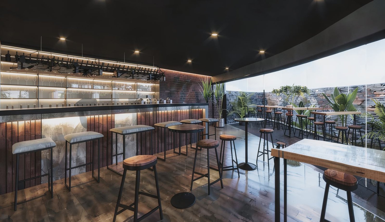 Render de SUM con barra, banquetas y mesas altas junto a un patio con plantas