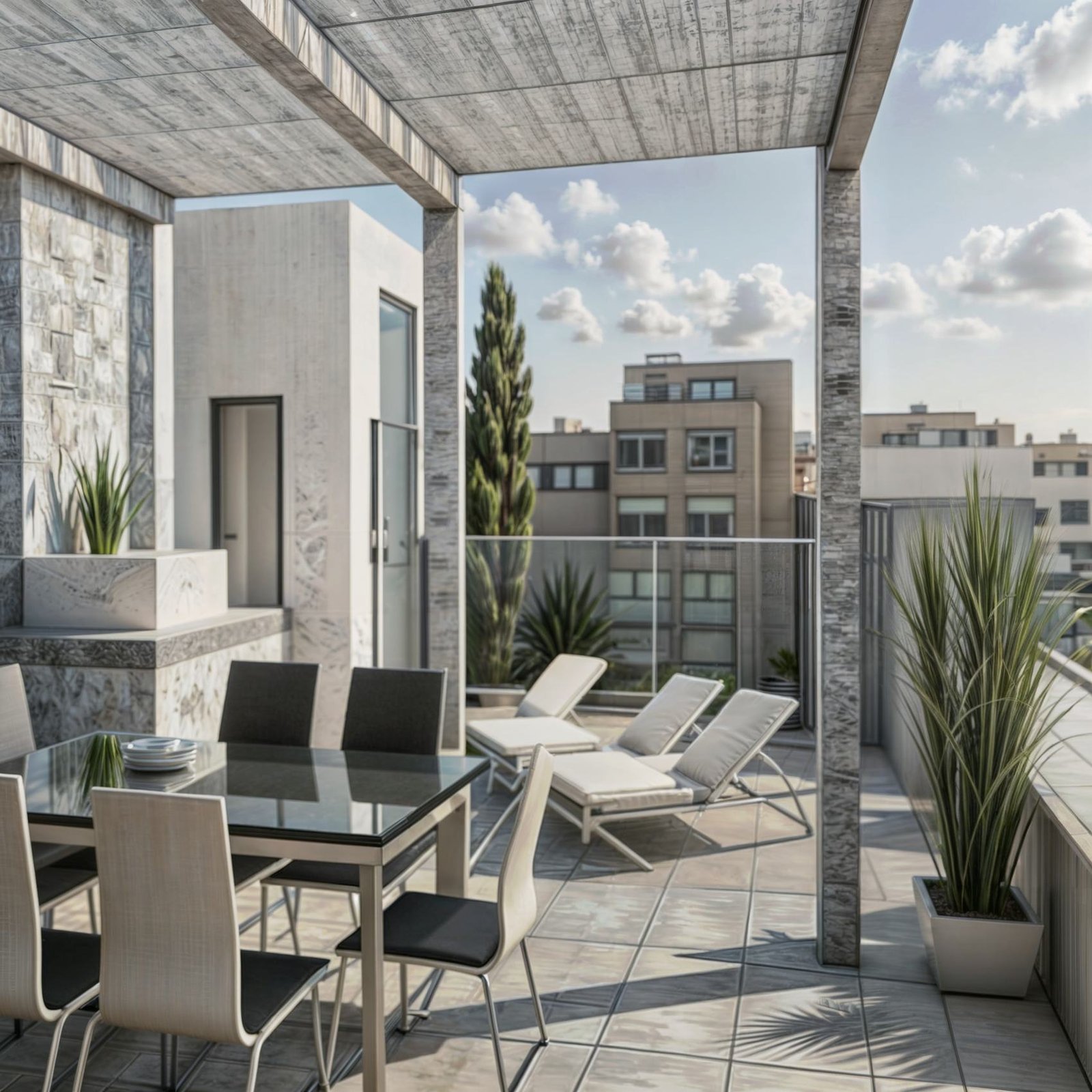 Render de terraza con solárium, reposeras y mesa exterior